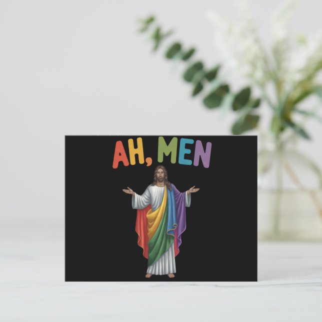 Ah Men Funny LGBT Gay Pride Jesus Rainbow Flag Postcard (Standing Front)