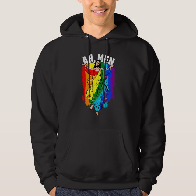 Ah Men Gay Jesus LGBTQ Pride Rainbow Hoodie (Front)