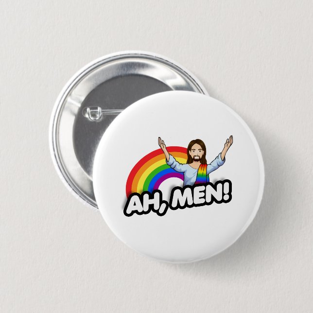 Ah Men - Rainbow Jesus 2 Inch Round Button (Front & Back)