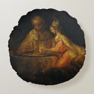 Ahasuerus Haman Esther Rembrandt Biblical Baroque Round Pillow