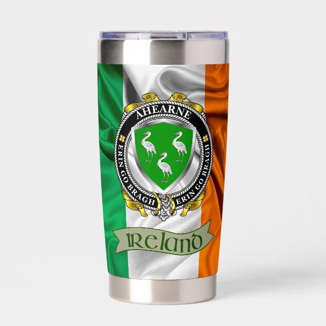 Ahearne/Aherne Irish Shield & Flag Personalized Insulated Tumbler (Front)