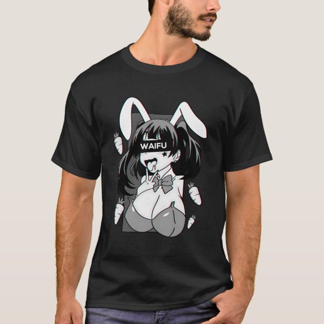 Ahegao Lewd Anime And Rabbit Cosplay T-Shirt (Front)