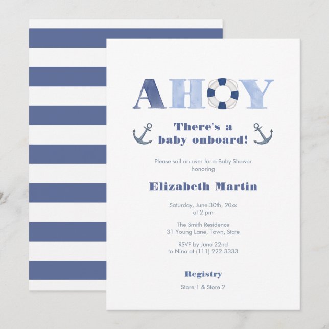 Ahoy Baby On Board Nautical Boy Baby Shower Invitation (Front/Back)