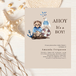 Ahoy boy teddy sailor beige Baby Shower invitation