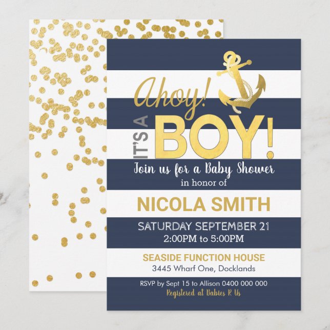 Ahoy c'est un Baby shower garçon Invitation Gold N (Devant / Derrière)