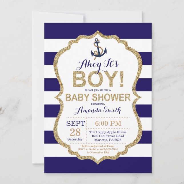 Ahoy c'est un garçon ! Invitation Baby shower naut (Devant)