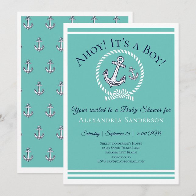 Ahoy c'est un garçon ! Invitation Baby shower naut (Devant / Derrière)