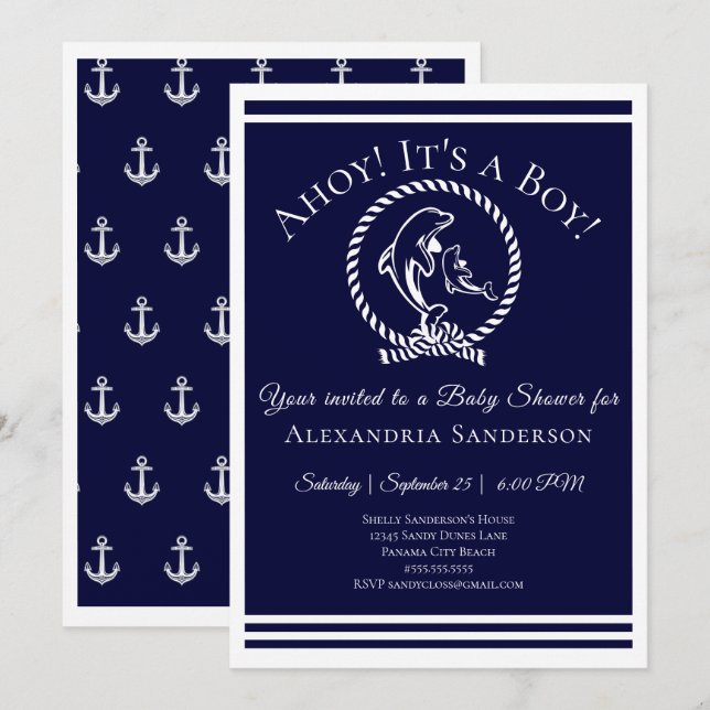 Ahoy c'est un garçon ! Invitation Baby shower naut (Devant / Derrière)