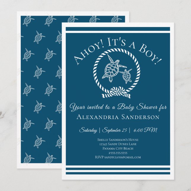 Ahoy c'est un garçon ! Invitation Baby shower naut (Devant / Derrière)
