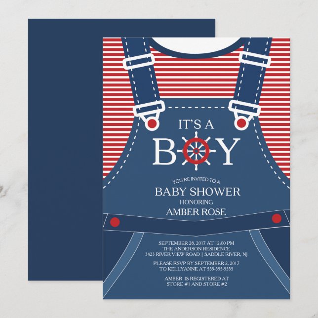 Ahoy C'est un garçon ! Invitation Baby shower naut (Devant / Derrière)