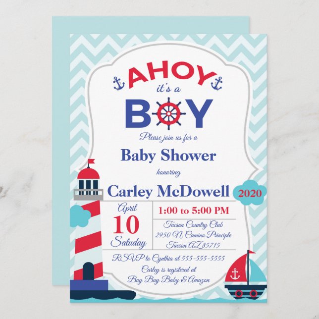 Ahoy C'est un Invitation de baby shower de garçon (Devant / Derrière)