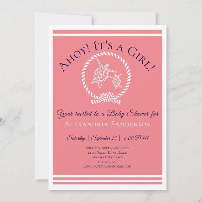Ahoy c'est une fille ! Invitation Baby shower naut (Devant)