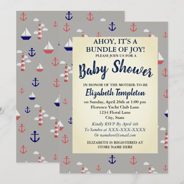 Ahoy Cute Nautical Baby Shower Invitation (Front/Back)