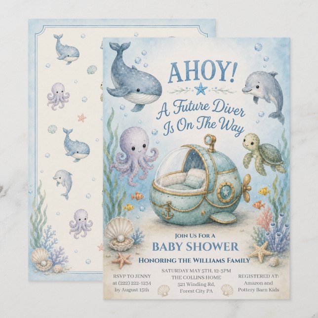 AHOY! Future Diver Baby Shower Invite w/ Bassinet (Front/Back)