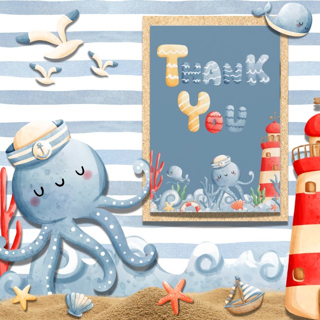 Ahoy It’s a Boy Blue Nautical Baby Shower Thank You Card (Creator Uploaded)