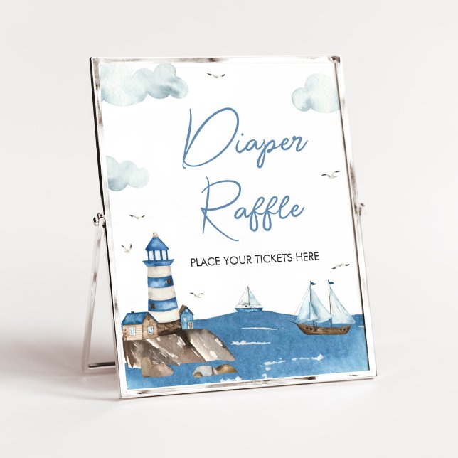 Ahoy It’s A Boy Nautical Baby Shower Diaper Raffle Poster (Blue Boy Baby Shower Diaper Raffle Sign)