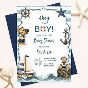 Ahoy It’s a Boy Nautical Teddy Bear Baby Shower Invitation