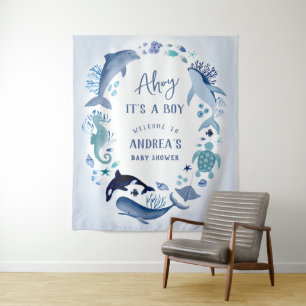 Ahoy It’s a Boy Under the Sea Blue Baby Shower Tapestry