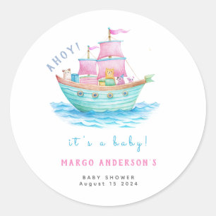 Ahoy It's A Baby Ship Animals Sailboat Baby Shower Classic Round Sticker