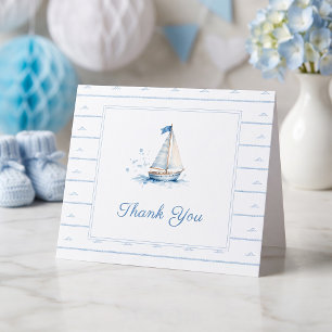 Ahoy It's A Boy Baby Shower Blue Sailboat Thank You Card
