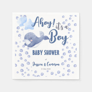 Ahoy it's a boy baby shower blue whale custom napkin