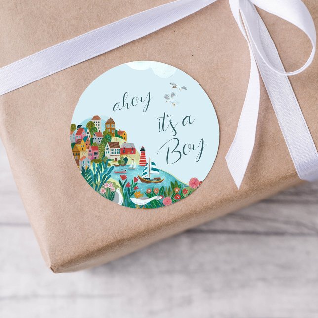 Ahoy it's a boy baby shower party classic round sticker (Ahoy it's a boy baby shower party classic round sticker)