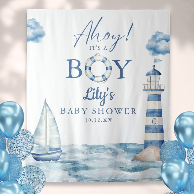 Ahoy Its A Boy Baby Shower Photo Backdrop Tapestry (Ahoy Its A Boy Baby Shower Photo Backdrop)