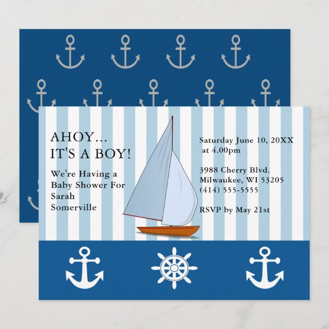 Ahoy It's a Boy Baby Shower Sailing Sepia Blue Invitation (Front/Back)