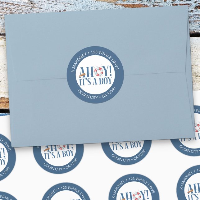 Ahoy Its a Boy Blue and White Address Classic Round Sticker (It's a boy baby announcement address label envelope seals from my Happy Whale collection. )