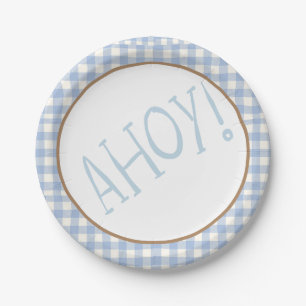Ahoy it's a boy blue and white baby paper plate