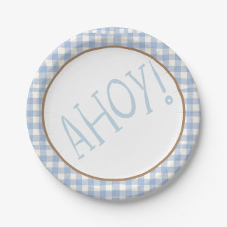 Ahoy it's a boy blue and white baby  paper plate