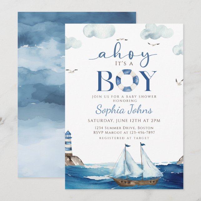 Ahoy It's A Boy Blue Boat Nautical baby shower Invitation (Front/Back)