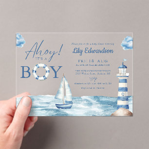 Ahoy Its A Boy Blue Nautical Baby Shower Acrylic Invitations