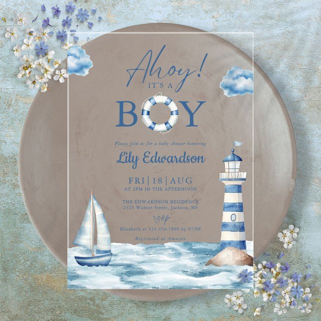 Ahoy Its A Boy Blue Nautical Baby Shower Acrylic Invitations (Ahoy Its A Boy Blue Nautical Baby Shower Acrylic Invitations)