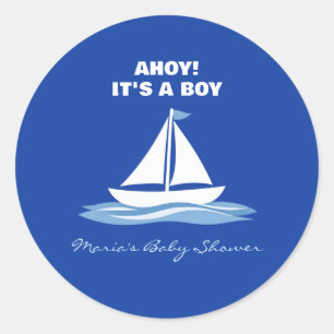 Ahoy It's a Boy! Blue Nautical Boat Baby Shower  Classic Round Sticker