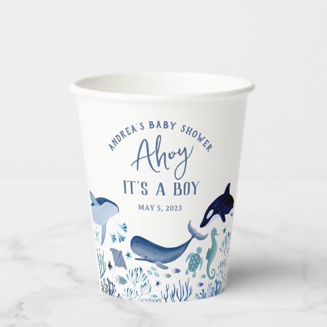 Ahoy It's a Boy Blue Under the Sea Baby Shower Paper Cups (Front)