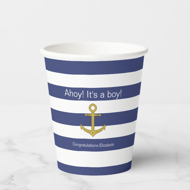 Ahoy! It's a boy! Blue White Nautical Baby Shower Paper Cups (Front)