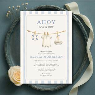 Ahoy It's a Boy Clothesline Stripes Baby Shower Invitation