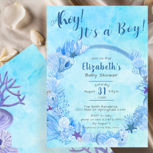 Ahoy it's a Boy Cute Blue Boy's Baby Shower Invitation