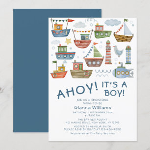 AHOY! It's A Boy Cute Nautical Baby Shower Invitation
