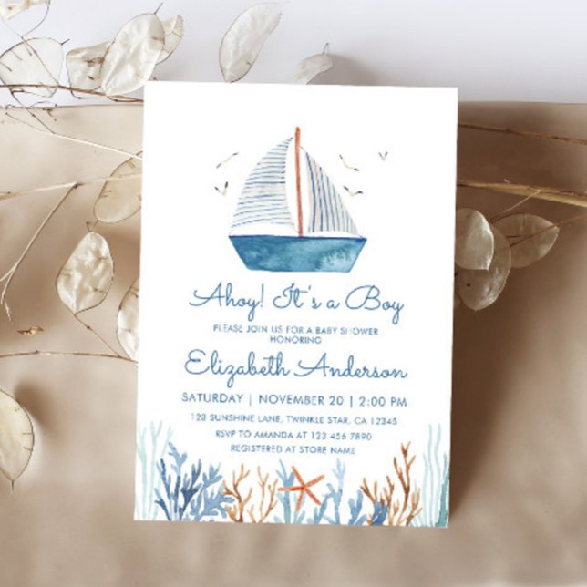 Ahoy! It's a Boy Cute Sailboat Baby Shower  Invitation (Creator Uploaded)