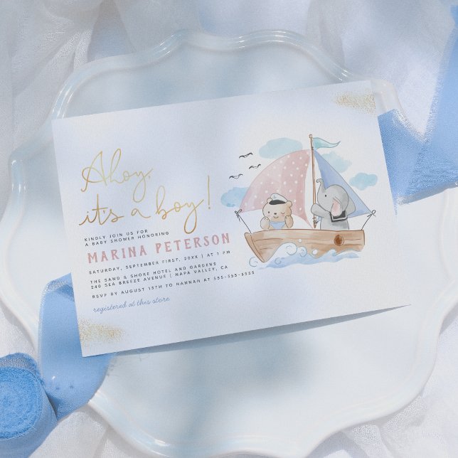 Ahoy It's a Boy Elephant & Bear Boat Baby Shower Invitation (Creator Uploaded)