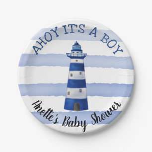 Ahoy Its A Boy Lighthouse   Nautical Baby Shower Paper Plate