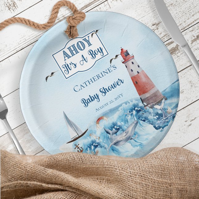 Ahoy It's A Boy Lighthouse Ocean Baby Shower Paper Plate (Creator Uploaded)
