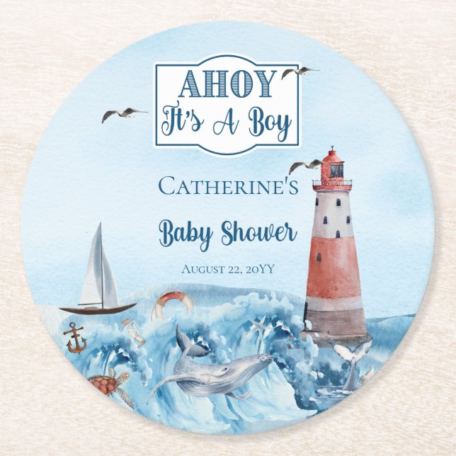 Ahoy It's A Boy Lighthouse Ocean Baby Shower Round Paper Coaster (Front)
