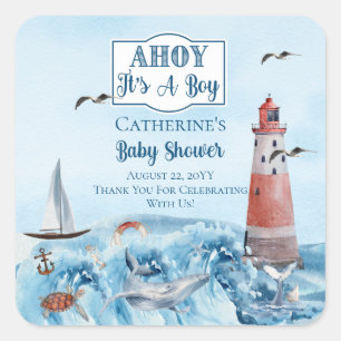 Ahoy It's A Boy Lighthouse Ocean Baby Shower  Square Sticker