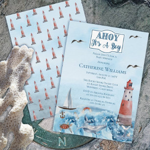 Ahoy It's A Boy Lighthouse Ocean Baby Sprinkle Invitation