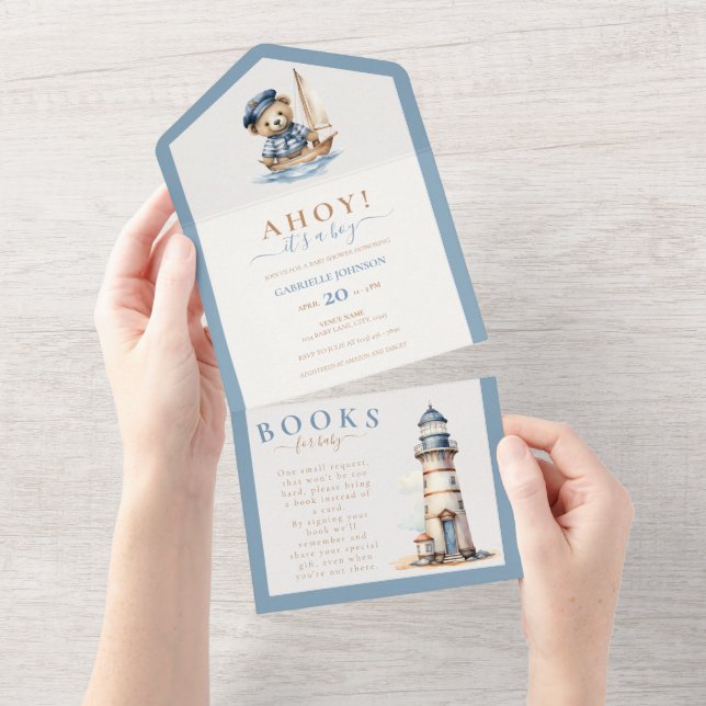 Ahoy it's a boy! Minimalist Nautical Baby Shower All In One Invitation (Tearaway)