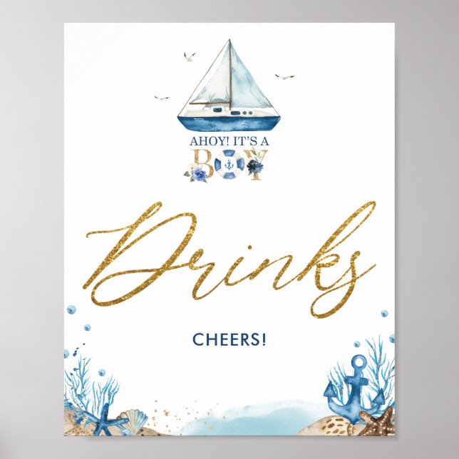 Ahoy It's a Boy Nautical Baby Shower Drinks Cheers Poster (Front)