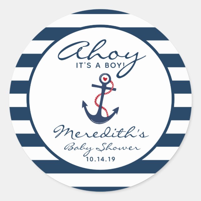 Ahoy, it's a Boy Nautical Baby Shower Envelope Classic Round Sticker (Front)